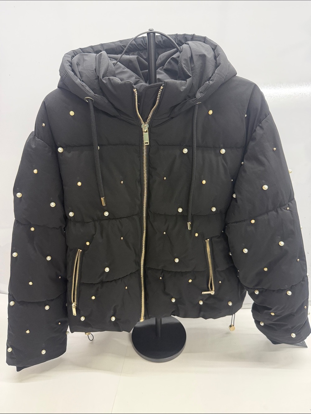 Karl Lagerfeld Black Hooded Puffer Jacket with Pearl Studs
